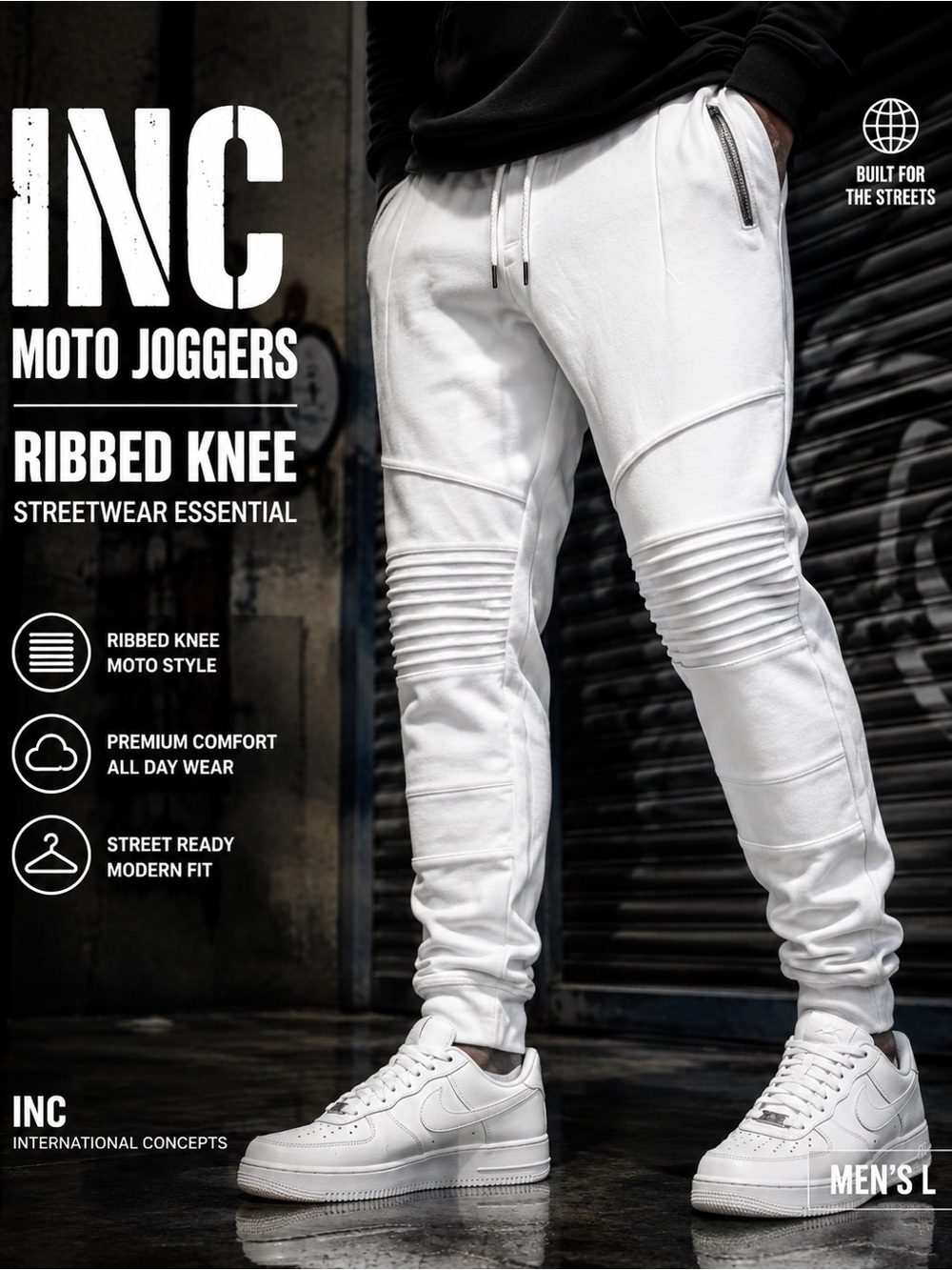 INC White Moto Joggers Ribbed Knee Atheleisure Pants Streetwear Men’s L